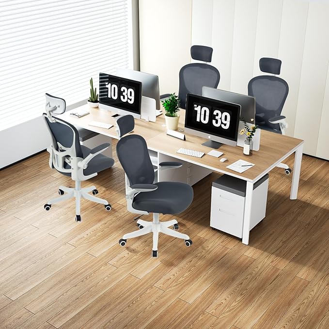 Ergonomic Office Chair with Adjustable Lumbar Support and Headrest, High Back Mesh Desk Chair for Home Office,Flip-Up Arms 90-120° Tilt Lock Rolling Swivel Task Chairs (White-Grey6065)