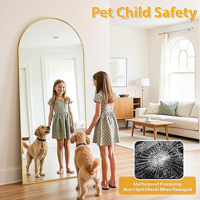 Full Length Mirror, 81"x41" Oversized Floor Mirror Freestanding, Full Body Mirror Floor Standing Mirrors with Stand, Hanging Mounted Mirrors for Bedroom Living Room, Gold, Arched Style