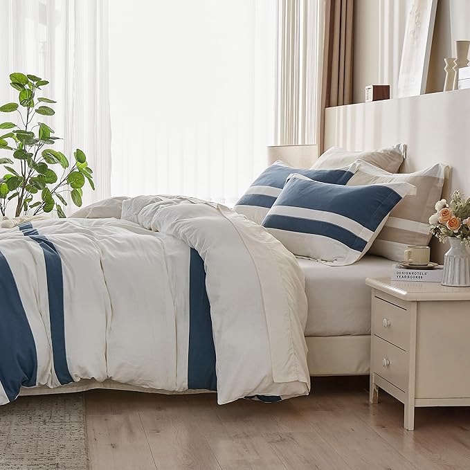 Simple&Opulence French Linen Duvet Cover Set with Stripe 88”x92”, 3 Pieces(1 Comforter Cover and 2 Pillow Shams) Rustic Natural Flax Cotton Blend(Queen,White and Navy)