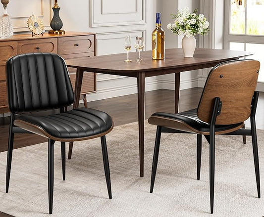 Dining Chairs Set of 2, Mid-Century Modern Upholstered PU Leather Chairs with Walnut Bentwood Back and Metal Legs Adjustable Feet for Kitchen Dining Living Room, Dark Black Vertical Stripes