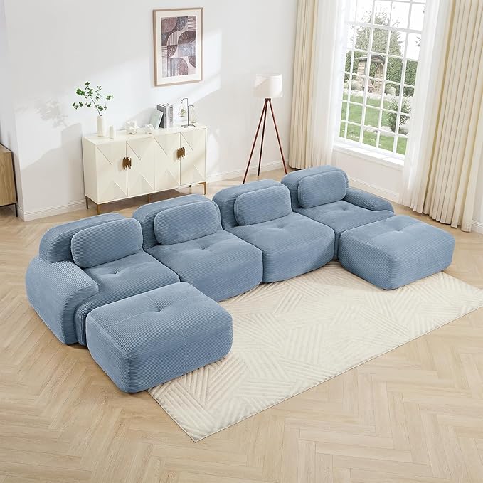 Blue Ottoman for Modular Sectional Sofa, Corduroy Deep Seat for Oversized Compressed Boneless Sectional Couches for Living Room Bedroom Apartment, Cloud Sofa Couch Set, Memory Foam, No Assembly