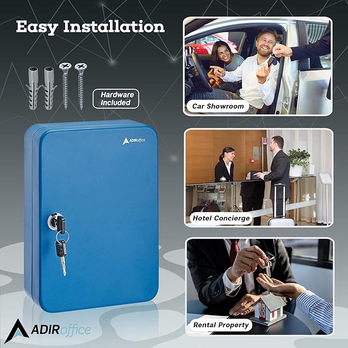 AdirOffice Key Lock Box – 48 Key Hooks Wall Mounted Key Cabinet Lock Box, Car Keys Holder Box, Lockable Key Storage Box - Metal Key Box Organizer with for Home and Office