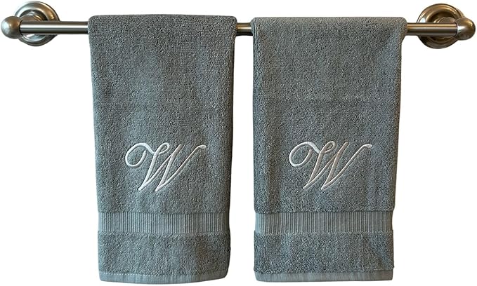 Gray Monogrammed Hand Towels for Bathroom - Luxury Hotel Quality Personalized Initial Embroidered Towel for Powder Room, Spa - GOTS Organic Certified - Set of 2 Silver Letter W