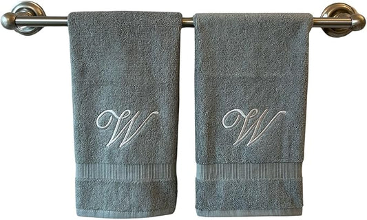 Gray Monogrammed Hand Towels for Bathroom - Luxury Hotel Quality Personalized Initial Embroidered Towel for Powder Room, Spa - GOTS Organic Certified - Set of 2 Silver Letter W