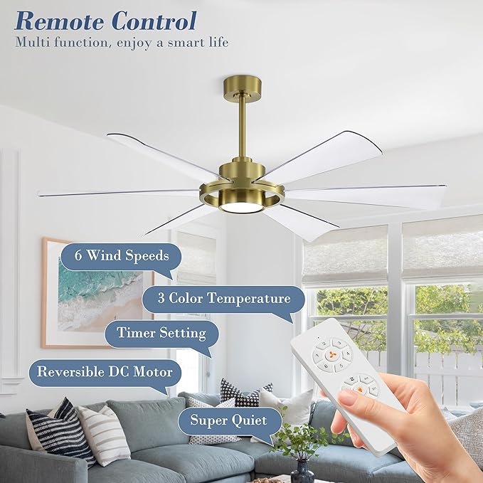 ELEHINSER 60" Ceiling Fan with Lights - 6 ABS Plastic Blades, 3 Downrods, 6-Speed Reversible DC Motor, 3CCT, Windmill Ceiling Fan for Kitchen Bedroom Living Room, Brass and Transparent