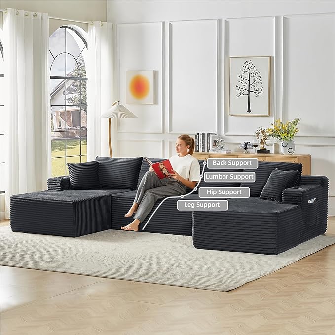134 Inch Cloud Sectional Couch for Living Room,Corduroy Boneless Couches with Cup Holder,Modern Modular Sectional Sofa with Deep Seat,No Assembly Required (Dark Gray, U-Shaped Sofa)