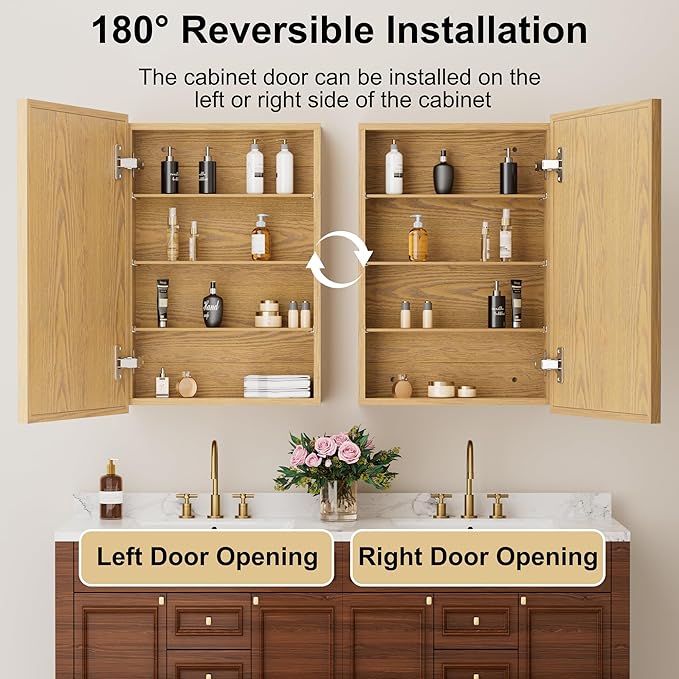 24x30 Inch Wood Medicine Cabinet with Mirror, Surface or Recessed Mounted Bathroom Cabinets with Adjustable Shelves, Soft-Close Hinges, Wall Mounted Cabinet for Storage, Oak-Grain