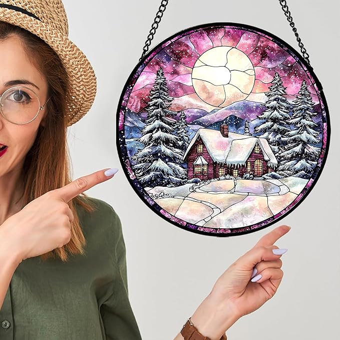 Stained Glass Window Hanging - Winter Snow Scene Cabin Moon Sun Catcher for Door Garden Home Decor Pine Tree Suncatcher Christmas Mother's Day Birthday Gifts for Women Men Mom Nana 7.8 in