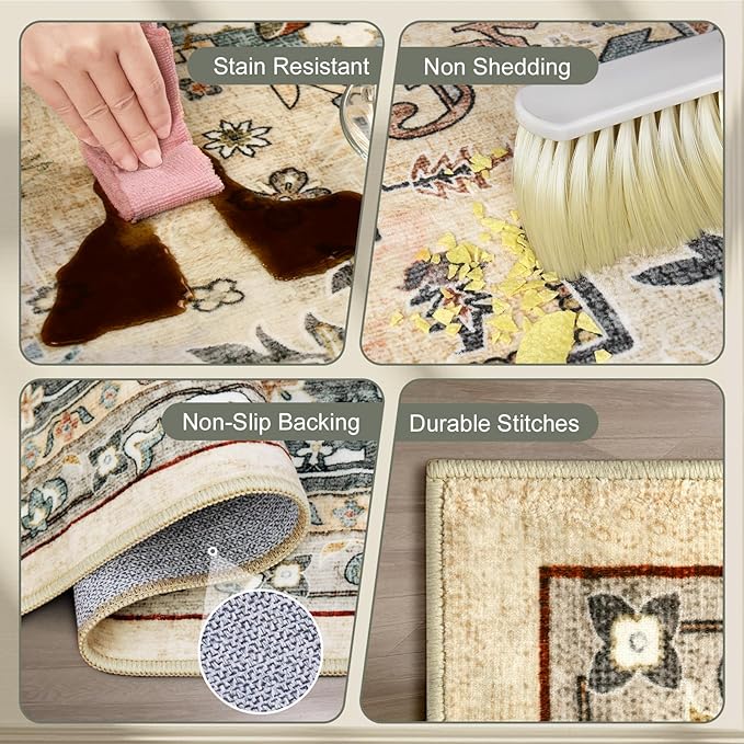 Area Rugs for Living Room 6x9 - Machine Washable Vintage Oriental Soft Rug, Low Pile Thin Floor Carpet with Non Slip Backing for Bedroom, Dorm, Under Dining Room Table, Indoor House, Office Decor