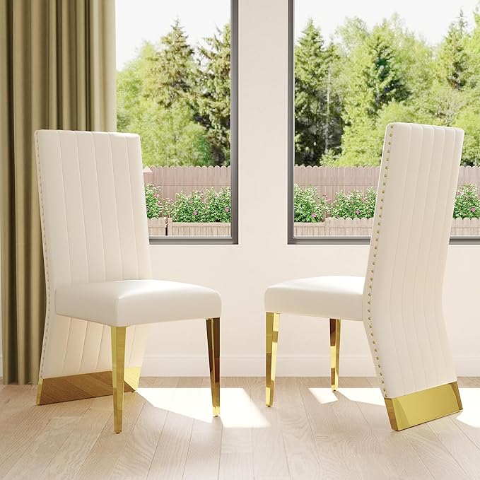White and Gold Dining Chairs Set of 2, Glam White Leather Dining Chair with Nailhead Trims, High Back Dining Room Chairs