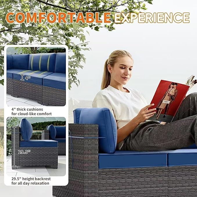 Gotland 10 Pieces Patio Furniture Set with Fire Pit Table, All Weather Rattan Outdoor Furniture with 29.5'' High Backrest 4’’ Thick Cushions Coffee Table, Outdoor Sofa for Deck, Garden, Backyard, Navy
