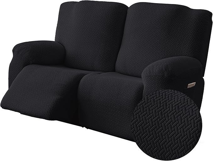 Genina Recliner Loveseat Covers, Stretch Reclining Sofa Covers, 2 Seater Couch Cushion Stripe Jacquard Recliner Slipcovers - Furniture Protector Covers for Pet Kid (Black)