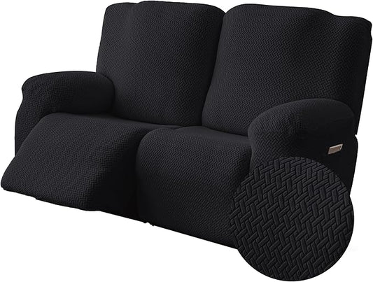Genina Recliner Loveseat Covers, Stretch Reclining Sofa Covers, 2 Seater Couch Cushion Stripe Jacquard Recliner Slipcovers - Furniture Protector Covers for Pet Kid (Black)