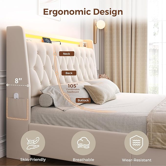 Queen LED Velvet Bed Frame with 2 Storage Drawers&Hidden Headboard, Upholstered Platform Bed with Charging Station&Button Tufted Design, Wooden Slats Support, Box Spring Optional, Easy Assembly, Beige