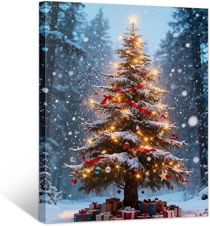 Framed Christmas Pictures Wall Decor,Vintage Pine Tree Prints,Winter Christmas Canvas Wall Art Decoration for Bedroom Bathroom Living Room Rustic Xmas Holiday Gifts (Christmas Tree 16, 16'' X 24'')