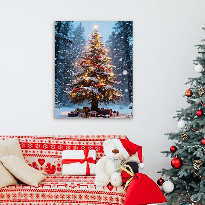 Framed Christmas Pictures Wall Decor,Vintage Pine Tree Prints,Winter Christmas Canvas Wall Art Decoration for Bedroom Bathroom Living Room Rustic Xmas Holiday Gifts (Christmas Tree 16, 24'' X 36'')