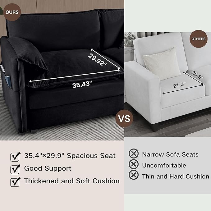 109.45" Oversized Extra Deep Seat Modern Chenille Cloud Couch, Large 3 Seater Modular Sofa for Living Room,Convertible Sofa Bed,Bedroom Apartment Office(Black, 109.45 Inch+3Ottoman)