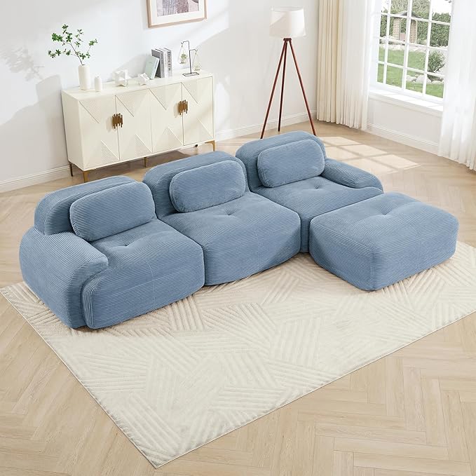 116" Modern Corduroy Cloud Sofa with Ottoman, L Shaped Boneless Modular Large Sectional Couches for Living Room, Blue 3 Seater Compressed Memory Foam Couch, Extra Deep Seat, No Assembly