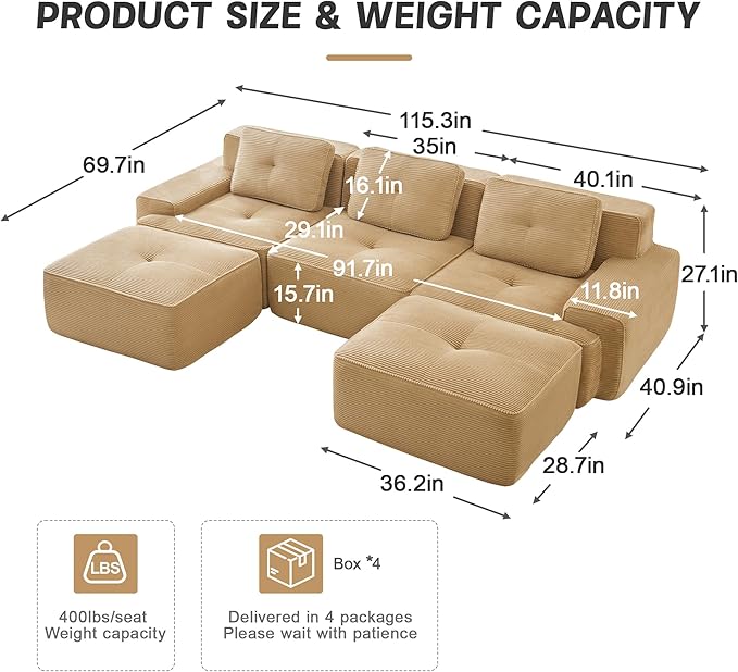 115.3'' Sectional Sofa, 32D Foam Corduroy Boneless Couch with Pillow, Deep Seat Wide Arm Sectional U Shaped Couch for Living Room, Apartment, Bedroom