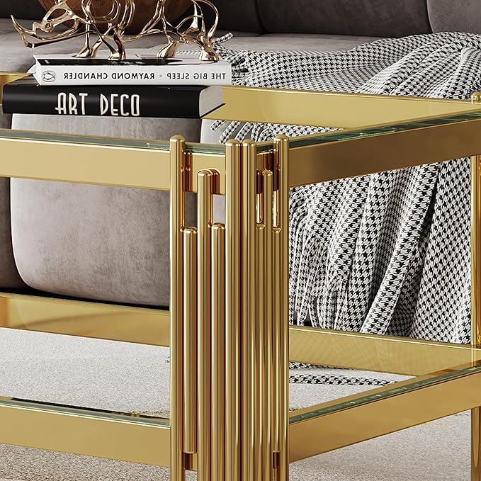 Goujxcy Modern Glass Coffee Table 47" Gold Center Table with Tempered Glass Top and Mirror Finish Stainless Steel Legs, Luxury Rectangular Coffee Table for Living Room Apartment (Gold)