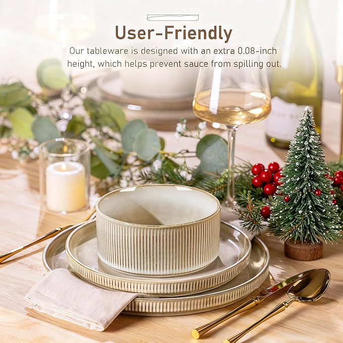 GBHOME Stoneware Dinnerware Sets for 8,Round Reactive Glaze Ceramic Plates and Bowls Set,Highly Scratch Resistant| Dishwasher & Microwave Safe Dishes Set,Service for 8(24pc)，Cappuccino