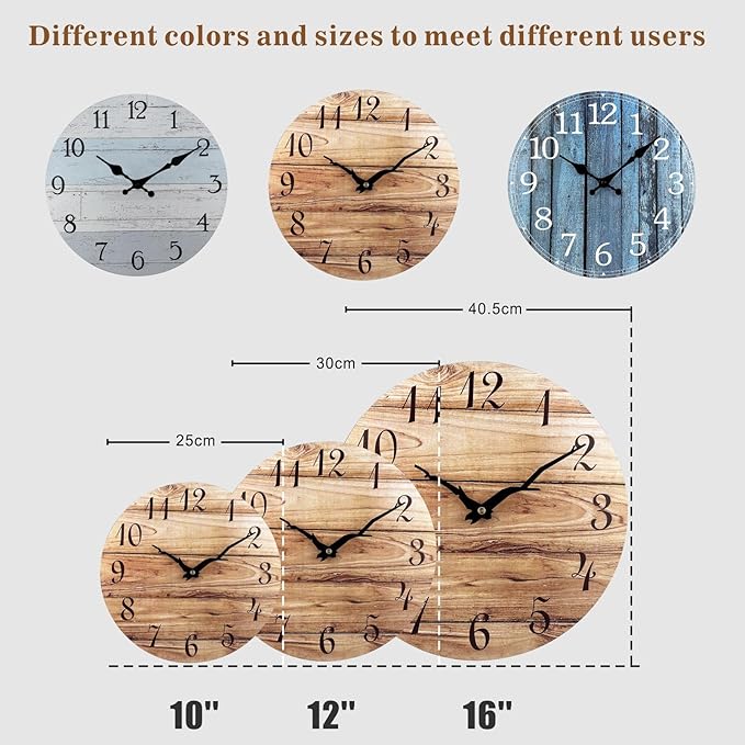 Plumeet Extra Large Wall Clock, 16'' Frameless Wooden Wall Clocks with Silent Quartz Movement, Rustic Country Village Walnut Clocks Decorative for Kitchen Bedroom Living Room, Brown