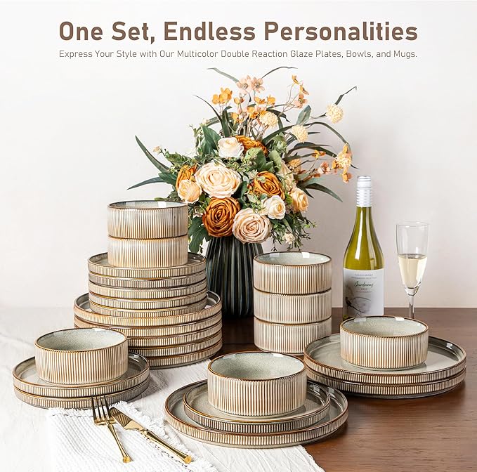 GBHOME Stoneware Dinnerware Sets for 4,Round Reactive Glaze Ceramic Plates and Bowls Set,Highly Scratch Resistant | Dishwasher & Microwave Safe Dishes Set,Service for 4(12Pcs),Green Wheat