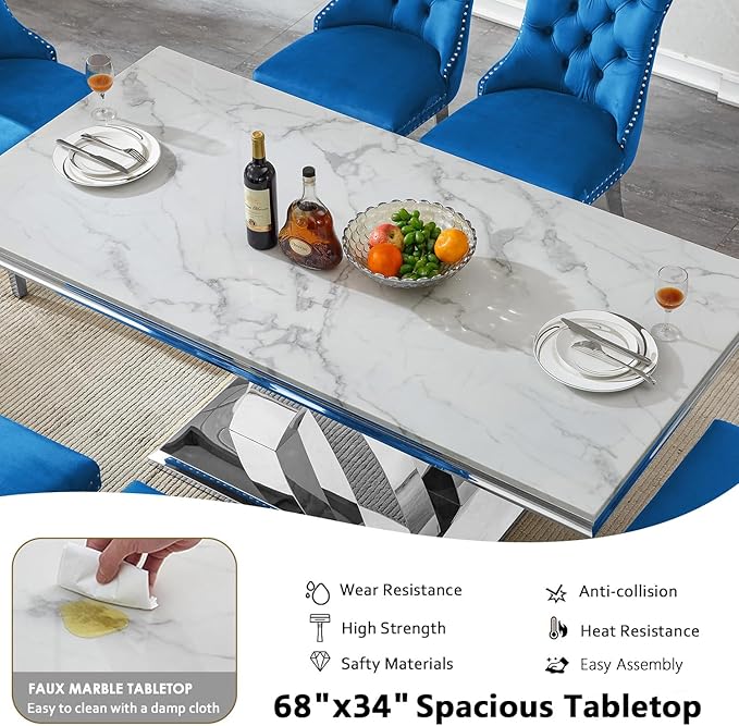 Goujxcy 68" Marble Dining Table Set for 4, Modern Rectangle Dining Room Table Set for 4, Luxury White Silver Marble Kitchen Table and Chairs Set of 4 for Living Room,Kitchen