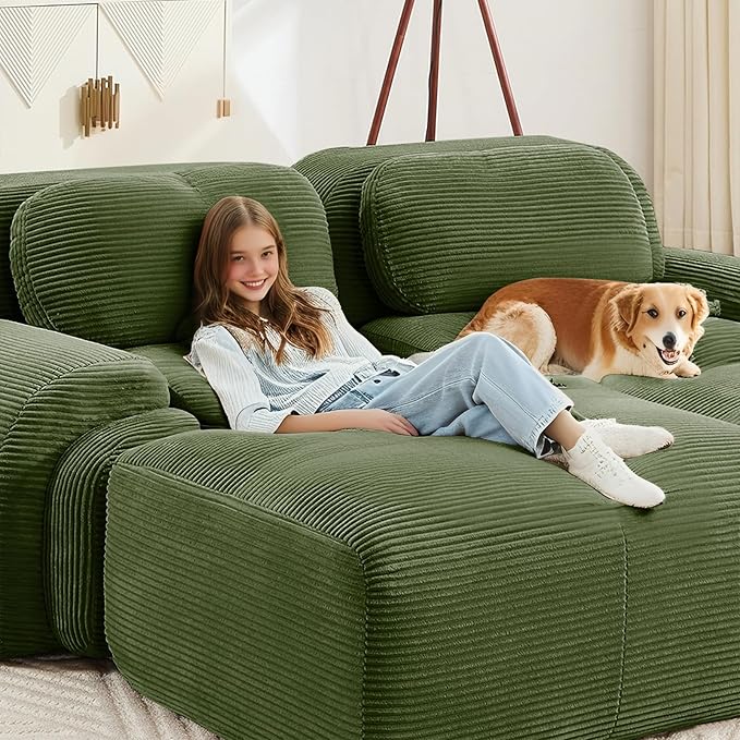 152" Modern Corduroy Cloud Sofa with Ottoman, L Shaped Boneless Modular Large Sectional Couches for Living Room, Green 4 Seater Compressed Memory Foam Couch, Extra Deep Seat, No Assembly