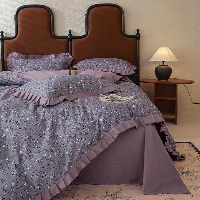 LifeTB Vintage Daisy Flower Duvet Cover Queen 100% Cotton Purple Ruffle Comforter Cover Floral Aesthetic Duvet Cover Romantic Princess Bedding Set Girls Lace Comforter Cover Queen with 2 Pillowcases