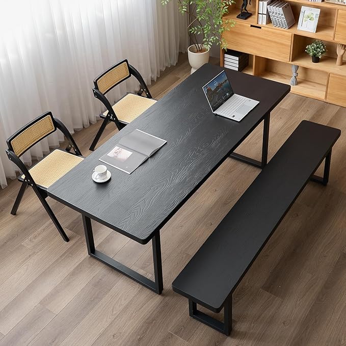 Modern Solid Wood Dining Table with Metal Base Stylish Durable Dining Room Table in Black Multiple Sizes Home Use Office Desk(78.74in)