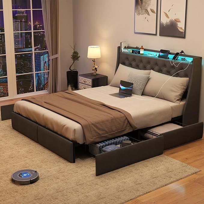 SADENICEL Queen Bed Frame with Storage Headboard and 4 Drawer, Metal Platform Bed Frame Queen Size with LED Light, Charging Station, No Box Spring Needed, Noise Free, Easy Assembly, Grey