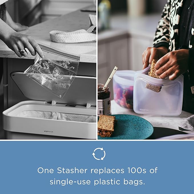 Stasher Silicone Reusable Storage Bag, Stand-Up Mid, Reusable Freezer Bag, Microwave, Dishwasher, Oven Safe, Sous Vide, Premium Lunch Container, Eco Friendly, Food Storage Bags, 56 oz, Clear
