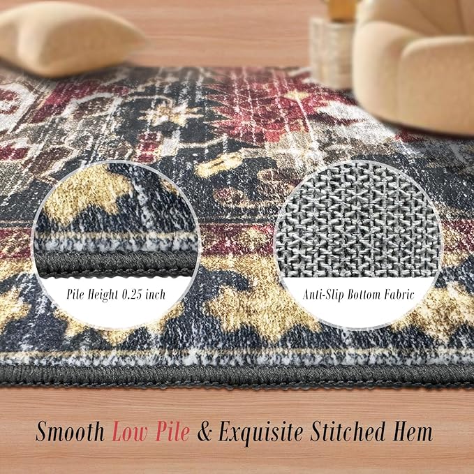 RUGSURE Washable Area Rugs - Perfect for Living Room, Bedroom, Kids Room, Nursery - Stain & Water Resistant Non-Slip, Pet & Child Friendly, Vintage Tribal Area Rugs (Rust, 9' x 12')