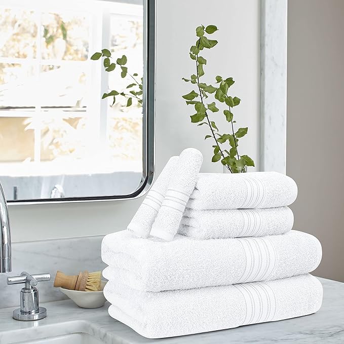 BOUTIQUO 6 Pack Cotton Towel Set, Contains 2 Bath Towels 28x55 inch, 2 Hand Towels 16x24 inch & 2 Wash Coths 12x12 inch, Ideal Everyday use, Ultra Soft Compact & Lightweight - White
