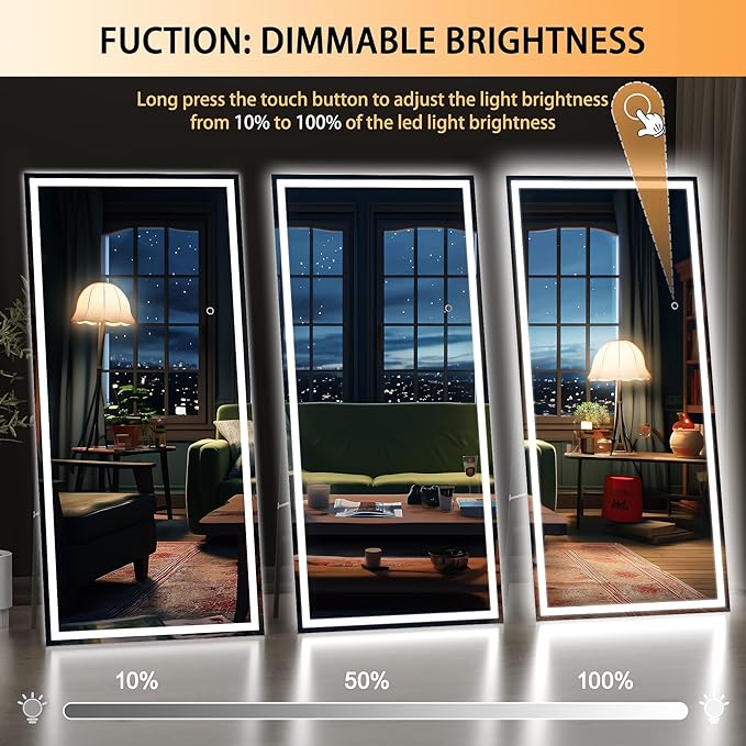 Hasipu Full Length Mirror with Lights, 71" x 32" LED Lighted Floor Standing, Full Body Dressing Hanging Mounted Mirror, Dimmable, Tempered Glass, Safe to Use, Square Black