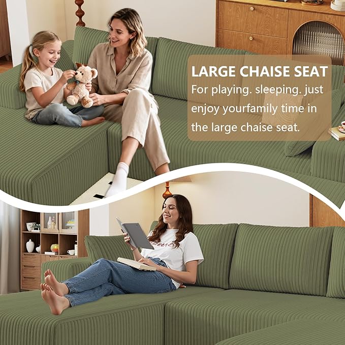 96" U-Shape Cloud Couch, Modern Modular Sectional L-Shape Sofa with Ottoman, Corduroy Upholstered Couches Deep Seat Sleeper Chaise Longue for Living Room, No Assembly Required(Green, Left Facing)