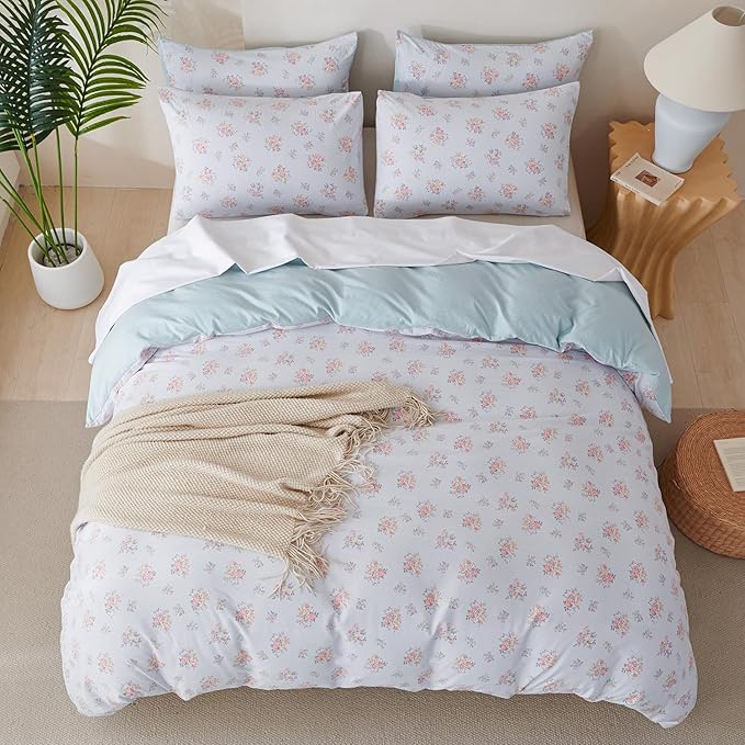 King Size Floral Comforter 3 Pieces Soft Chic Crinkle Gauze Fabric Garden Style Flower Print Botanical Comforter for All Seasons Luxury Warmth Comfy Breathable with 2 Pillowcases