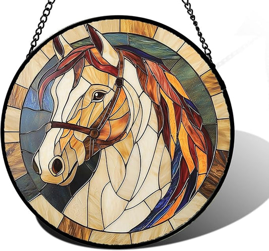 Stained Glass Window Hanging, Animal Horse Colored Mane Sun Catchers Glass Panel Cool Suncatcher Decor for Birthday for Women, Men, Wife, Aunt, and Mom 11.8x11.8 in