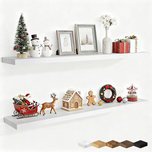 Fun Memories 55 Inch Fireplace Mantel Shelf -Long Floating Shelves, Deep Wall Mounted Farmhouse Display Shelves with Invisible Heavy Duty Metal Bracket, White, 2 Pack