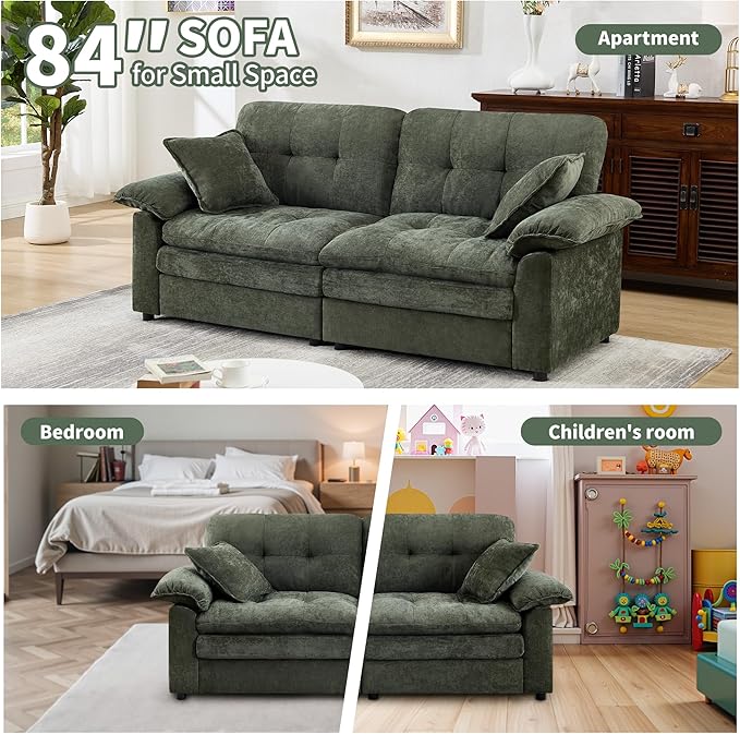 84" Loveseat Sofa, Modern Couches for Living Room,Double-Layer Cushion Cloud Couch with Deep Seat,Super Comfy Chenille Sofas,Sturdy Frame, Easy Assembly for Bedroom, Apartment, Office, Green