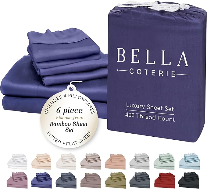 Bella Coterie 6 Piece Luxury Bamboo Viscose King Size Sheet Set | 100% Organically Grown | Cooling for Hot Sleepers | 18" Deep Pocket | Soft & Hypoallergenic | 4 Pillowcases [Twilight Blue]