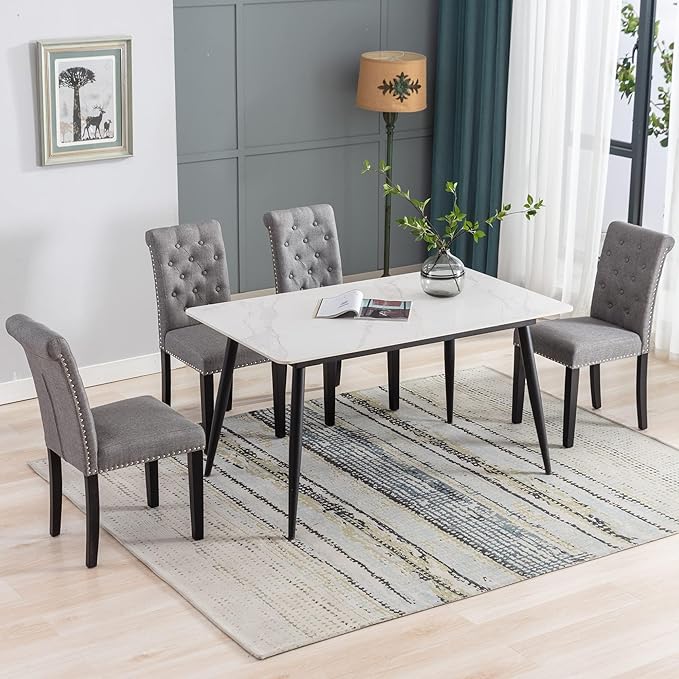 Westice Dining Room Chairs Set of 6 Upholstered Fabric Kitchen Chairs Dining Room Side Chair with Nailhead Trim and Rubber Wood Legs for Small Space Apartment, Gray