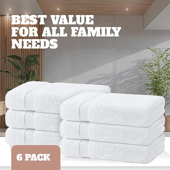 Wealuxe White Bath Towels 24x50 Inch, 6 Pack - Extra Absorbent Cotton Towel Set for Bathroom