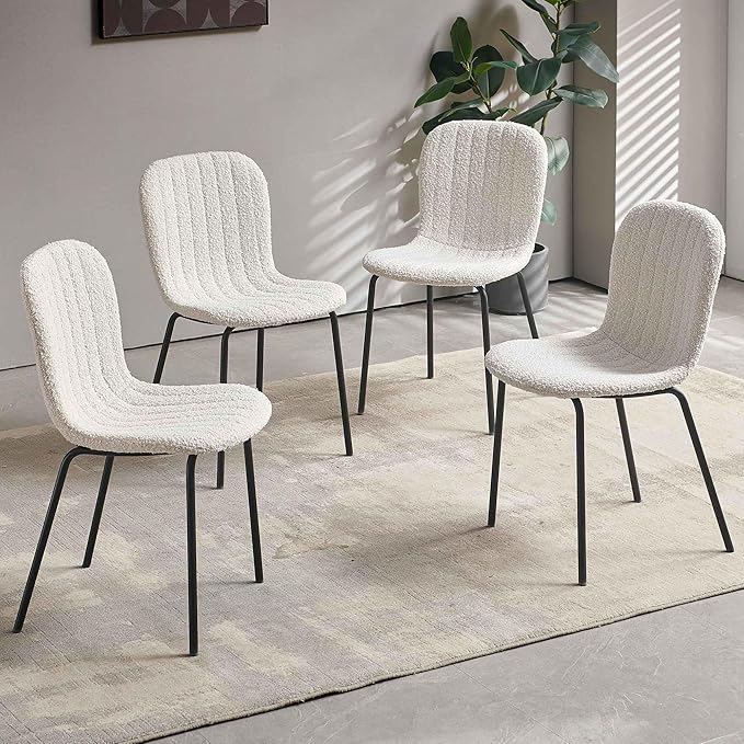 Dining Chair Upholstered Set of 4, Modern Home Kitchen Chairs Boucle Tufted Living Room Chairs with Backrest, Comfy Side Chair with Black Metal Legs
