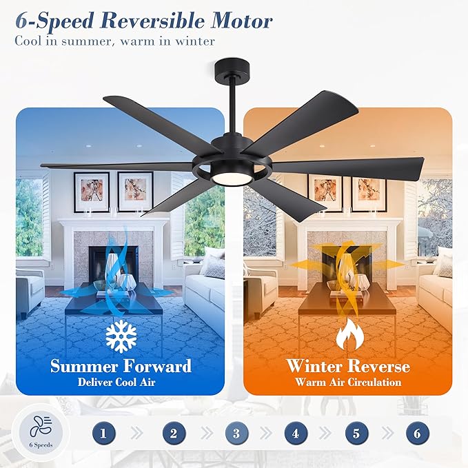 ELEHINSER 60" Ceiling Fan with Lights - 6 ABS Plastic Blades, 3 Downrods, 6-Speed Reversible DC Motor, 3CCT, Windmill Ceiling Fan for Kitchen Bedroom Living Room, Matte Black