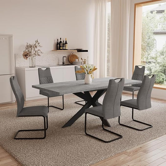 ZckyCine 7-Piece Dining Table Set, 6-Person Modern Rectangular Wooden Expandable Dining Table and 6-Person Leather Dining Chairs, 6-Person Kitchen Table and Chairs, Perfect for Kitchen Dining