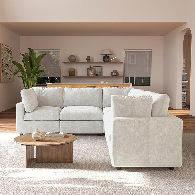 JACH V Shape Sectional Couches for Living Room, Deep Seat Convertible Modular Sofa, Cloud Sectional Couch, Sofa Covers Washable, Minimalist Couch for Living Room, Apartment, Beige