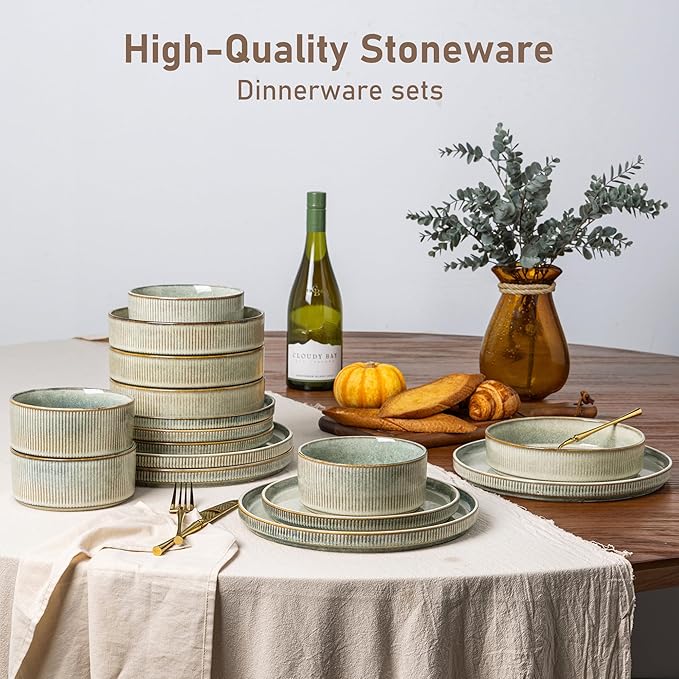 GBHOME Stoneware Dinnerware Sets for 8,Round Reactive Glaze Ceramic Plates and Bowls Set,Highly Scratch Resistant | Dishwasher & Microwave Safe Dishes Set,Service for 8(24Pcs),Desert Sage