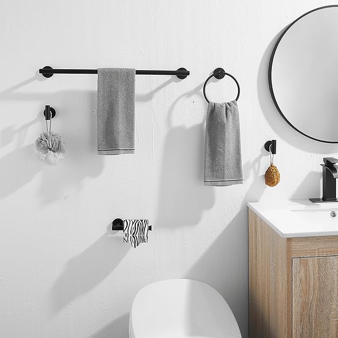GGStudy Black Towel Rack for Bathroom, 24 Inch Towel Bar Towel Rod Towel Holder Wall Mount SUS304 Stainless Steel